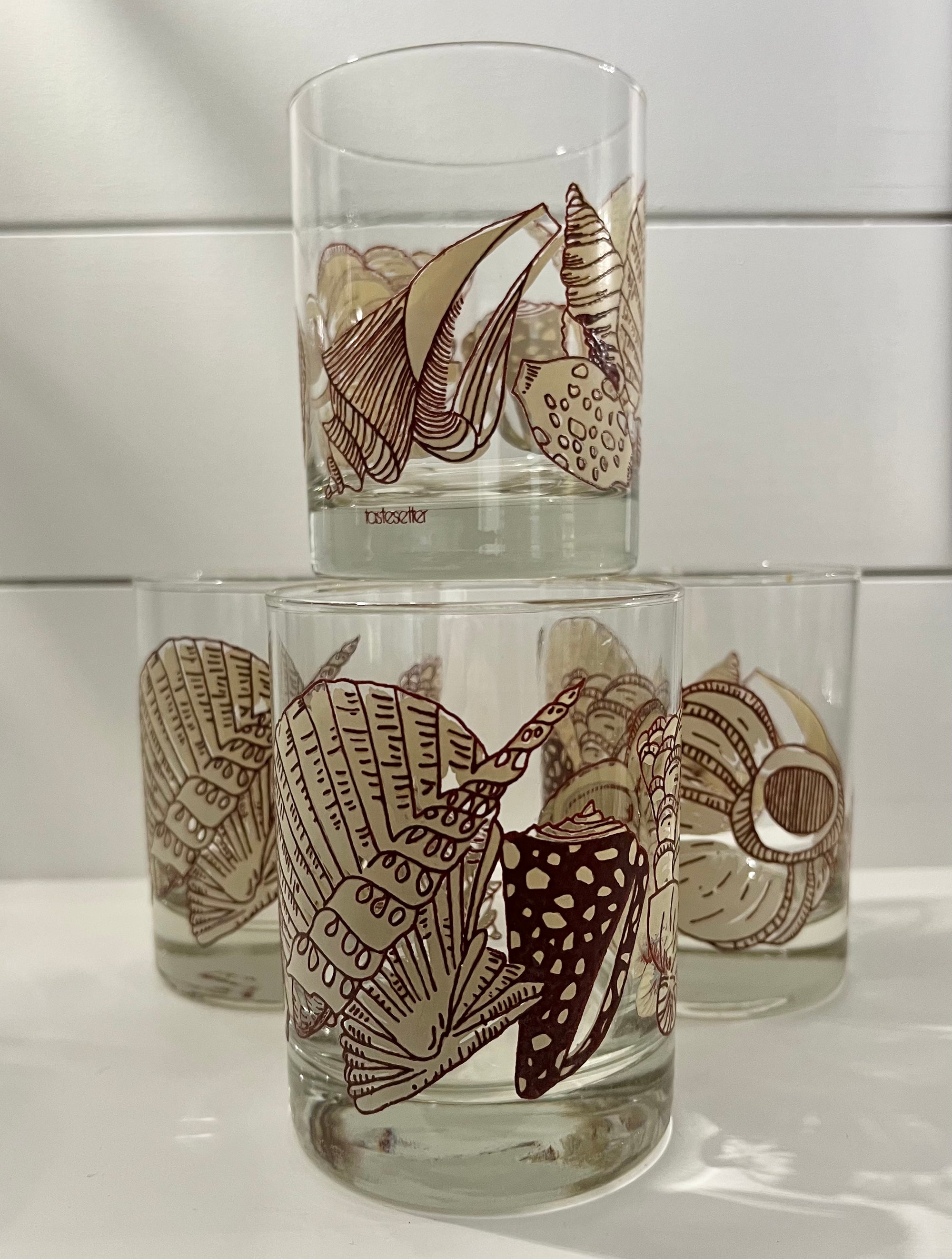 Vintage Mid-Century Barware, Seashell, Lowball Double Old Fashioned Cocktail Glasses, Set of 4