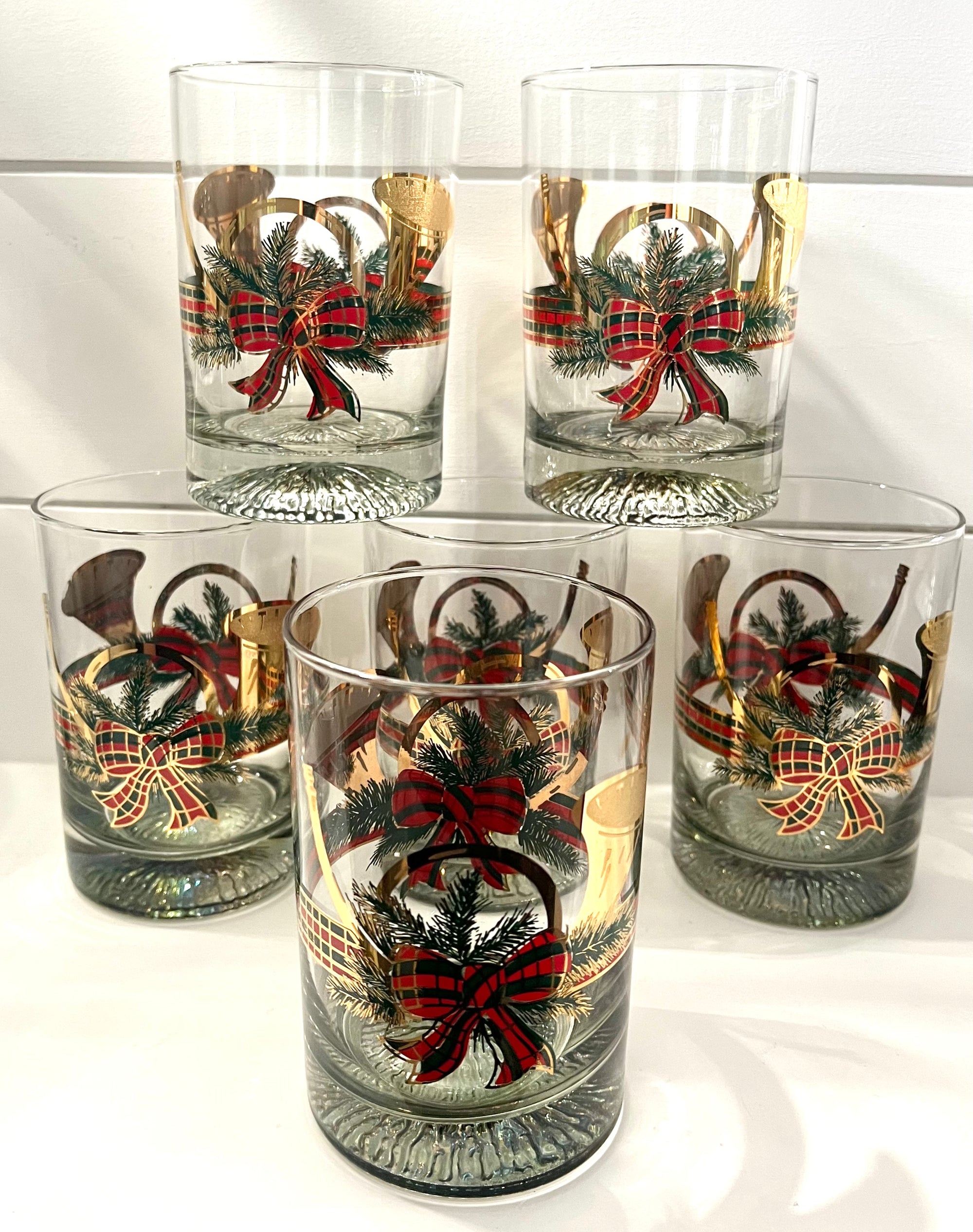 Culver, Signed Vintage Mid-Century Barware, 22K Gold Holiday Yule Horn, 16 Oz Double Old Fashion, Set of 6