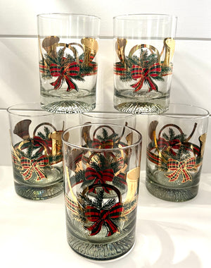 Culver, Signed Vintage Mid-Century Barware, 22K Gold Holiday Yule Horn, 16 Oz Double Old Fashion, Set of 6