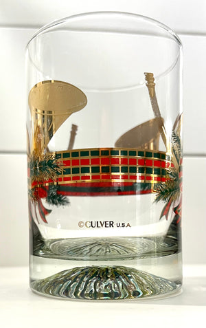 Culver, Signed Vintage Mid-Century Barware, 22K Gold Holiday Yule Horn, 16 Oz Double Old Fashion, Set of 6