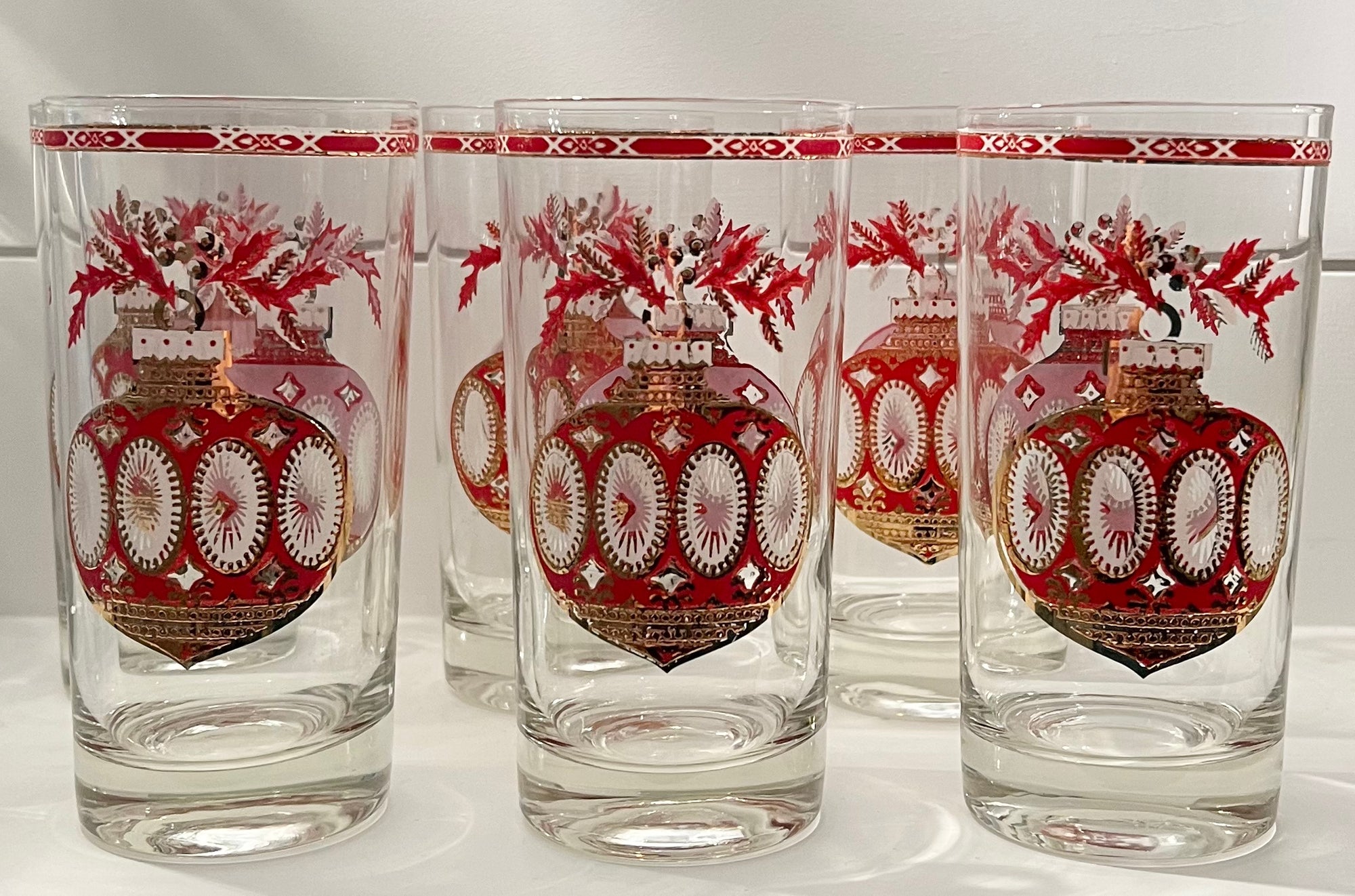 Culver, Signed Mid-Century Barware, Christmas Ornaments,  Highball tumbler, Set of 6, (ONLY 1 set Left!)