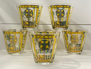 Georges Briard, Signed Vintage Mid-Century Barware, Lemon Tree Rocks Glasses, Set Of 6