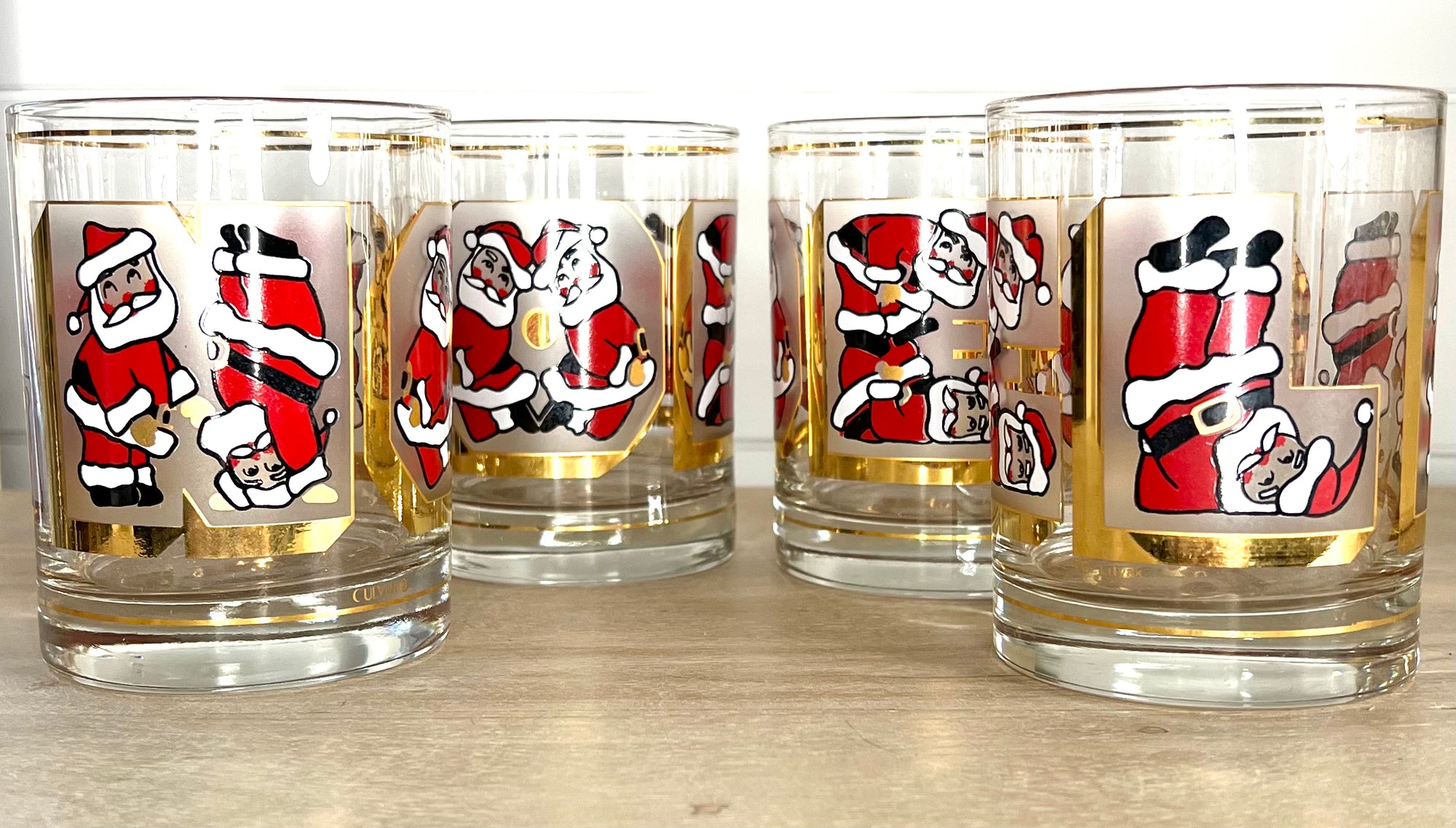 Culver, Signed Vintage Mid-Century Barware, Santa "Noel" Old Fashioned Tumblers, Set of 4
