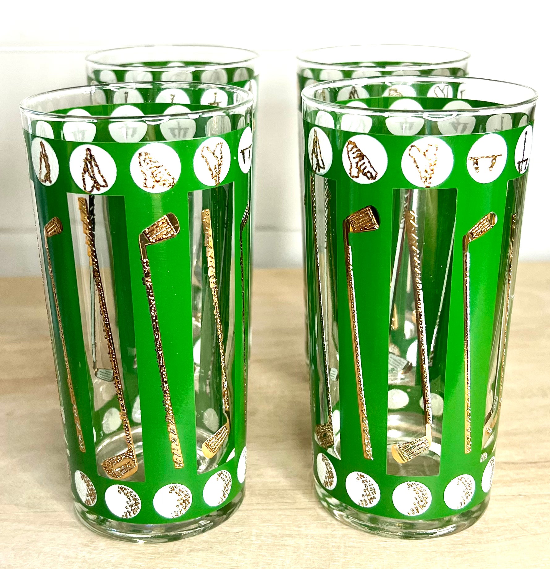 Vintage Mid-Century Barware, Golf Themed 22k Gold and Green, Highball Cocktail Glasses,  Set of 2