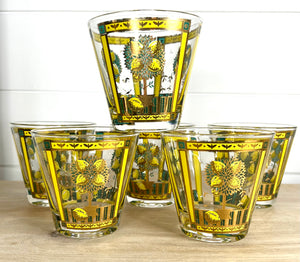 Georges Briard, Signed Vintage Mid-Century Barware, Lemon Tree Rocks Glasses, Set Of 6