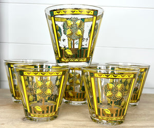 Georges Briard, Signed Vintage Mid-Century Barware, Lemon Tree Rocks Glasses, Set Of 6