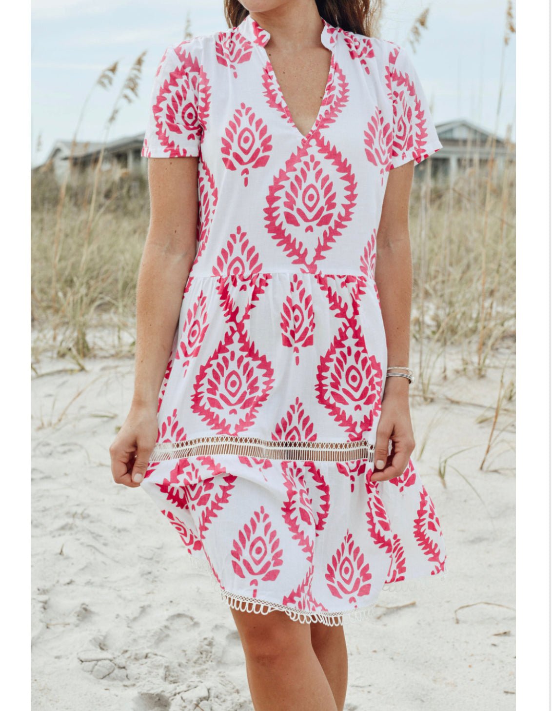 Alison Short Sleeve Dress - Batik Leaf Pink/White - Abigail Fox Designs