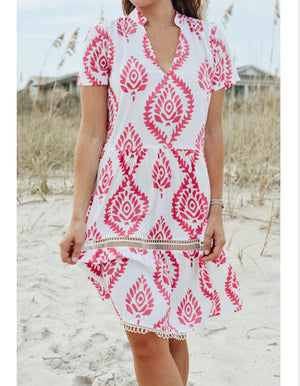 Alison Short Sleeve Dress - Batik Leaf Pink/White - Abigail Fox Designs