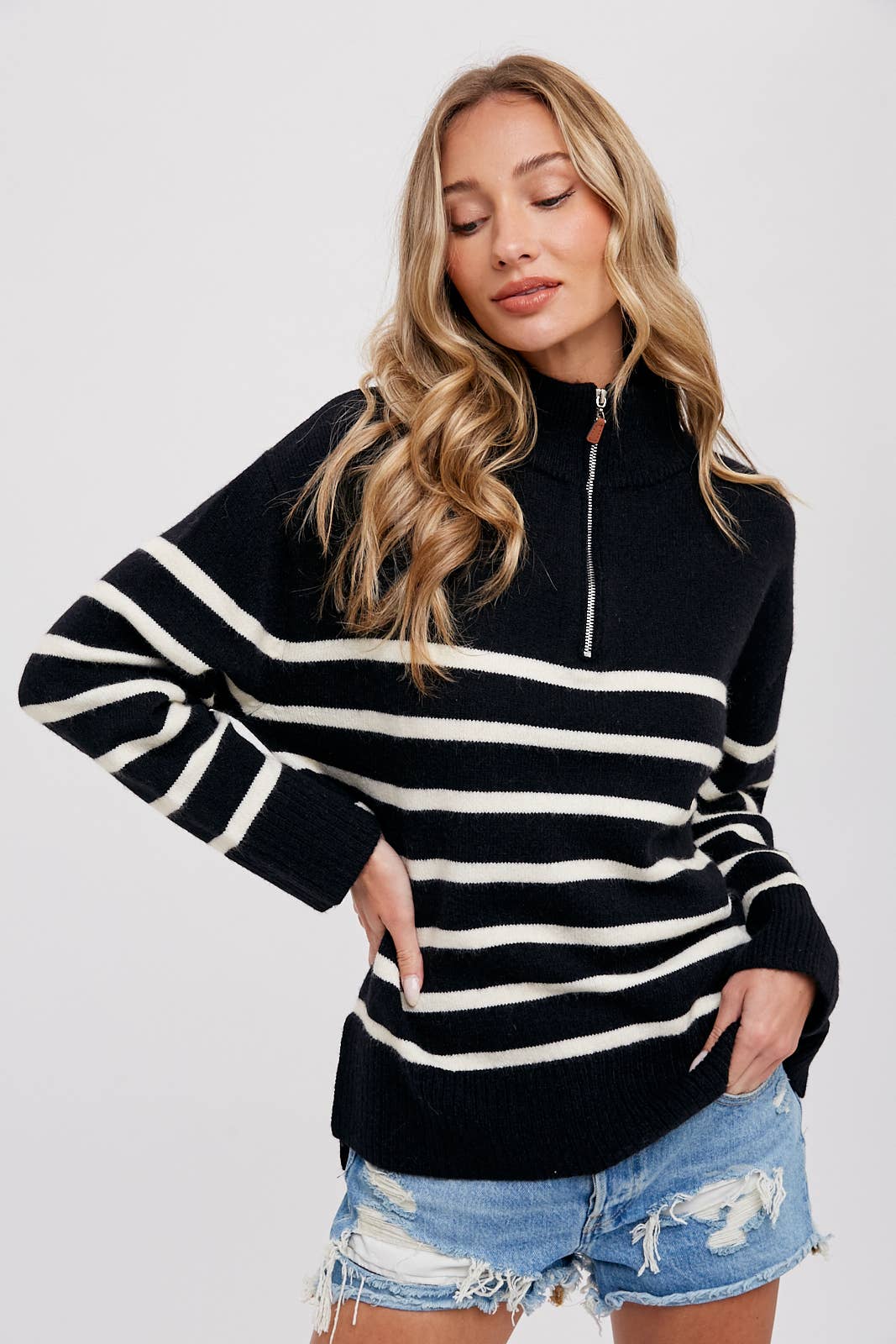 Black Quarter Zip Stripe Sweater - Abigail Fox Designs