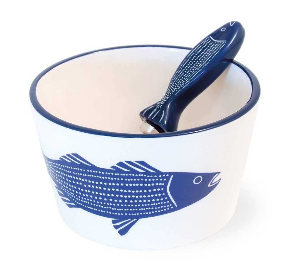 Blue Fish Ceramic Bowl & Spreader Striper Blue - Abigail Fox Designs