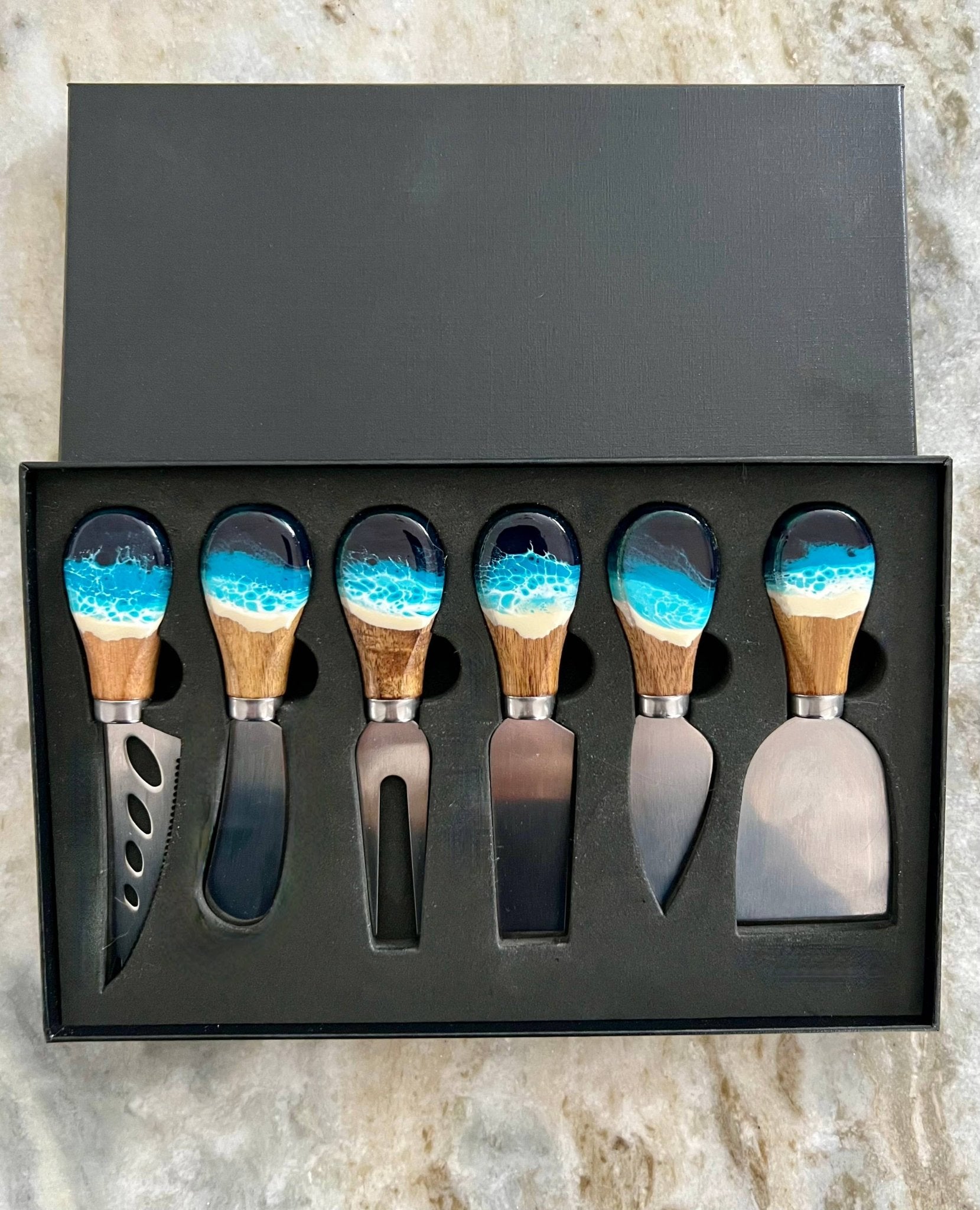 Cheese Utensil Set of 6 with black box with Acacia Wood: Ocea - Abigail Fox Designs