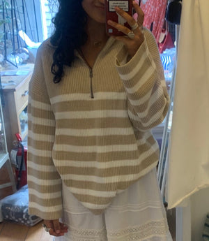 Coastal Striped Half Zip Sweater Oatmeal - Abigail Fox Designs
