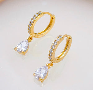 Cubic Zirconia Hoop w/ CZ Drop, Huggie Earrings, 18KY GV - Abigail Fox Designs