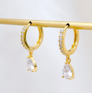 Cubic Zirconia Hoop w/ CZ Drop, Huggie Earrings, 18KY GV - Abigail Fox Designs