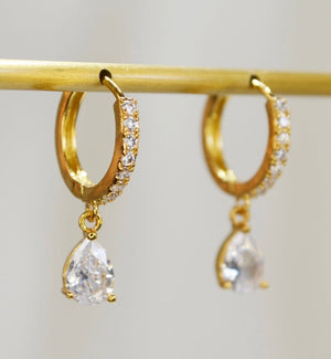 Cubic Zirconia Hoop w/ CZ Drop, Huggie Earrings, 18KY GV - Abigail Fox Designs