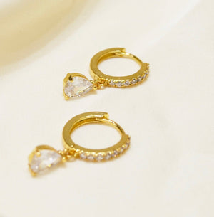 Cubic Zirconia Hoop w/ CZ Drop, Huggie Earrings, 18KY GV - Abigail Fox Designs