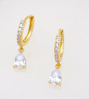 Cubic Zirconia Hoop w/ CZ Drop, Huggie Earrings, 18KY GV - Abigail Fox Designs