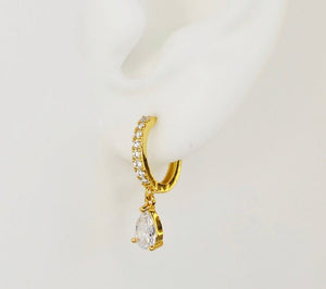 Cubic Zirconia Hoop w/ CZ Drop, Huggie Earrings, 18KY GV - Abigail Fox Designs