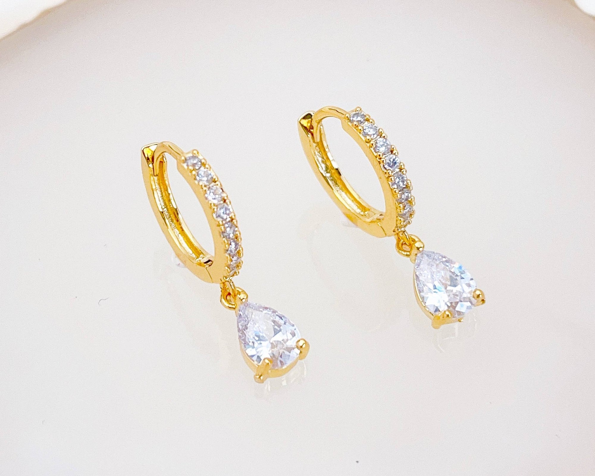 Cubic Zirconia Hoop w/ CZ Drop, Huggie Earrings, 18KY GV - Abigail Fox Designs