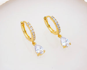 Cubic Zirconia Hoop w/ CZ Drop, Huggie Earrings, 18KY GV - Abigail Fox Designs