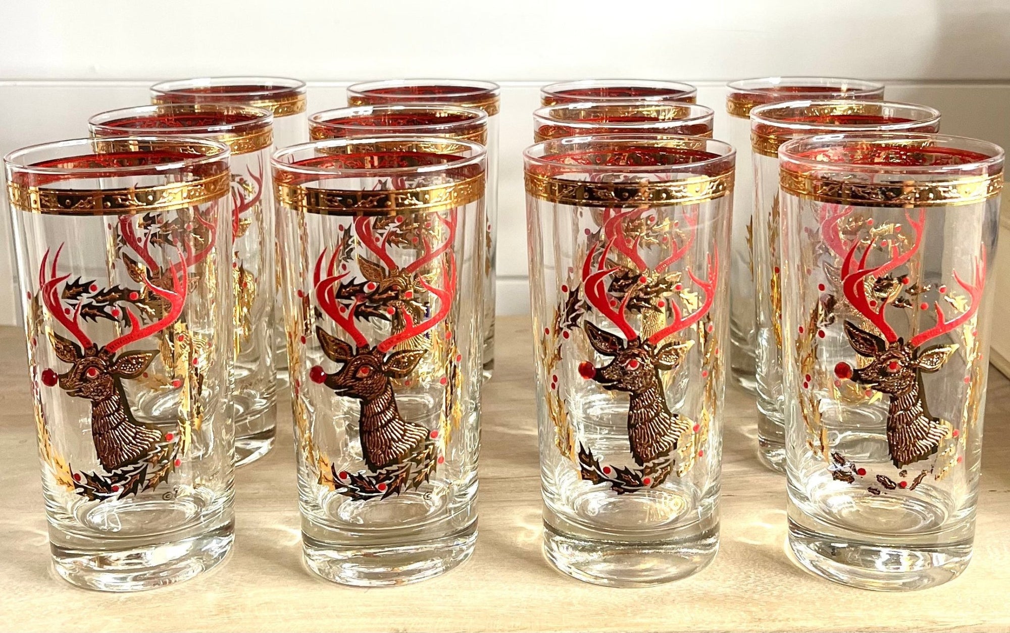 Culver, Signed Vintage Mid-Century Barware, Gold Rudolph The Red Nose Reindeer Highball Glasses, Set of 6 - Abigail Fox Designs