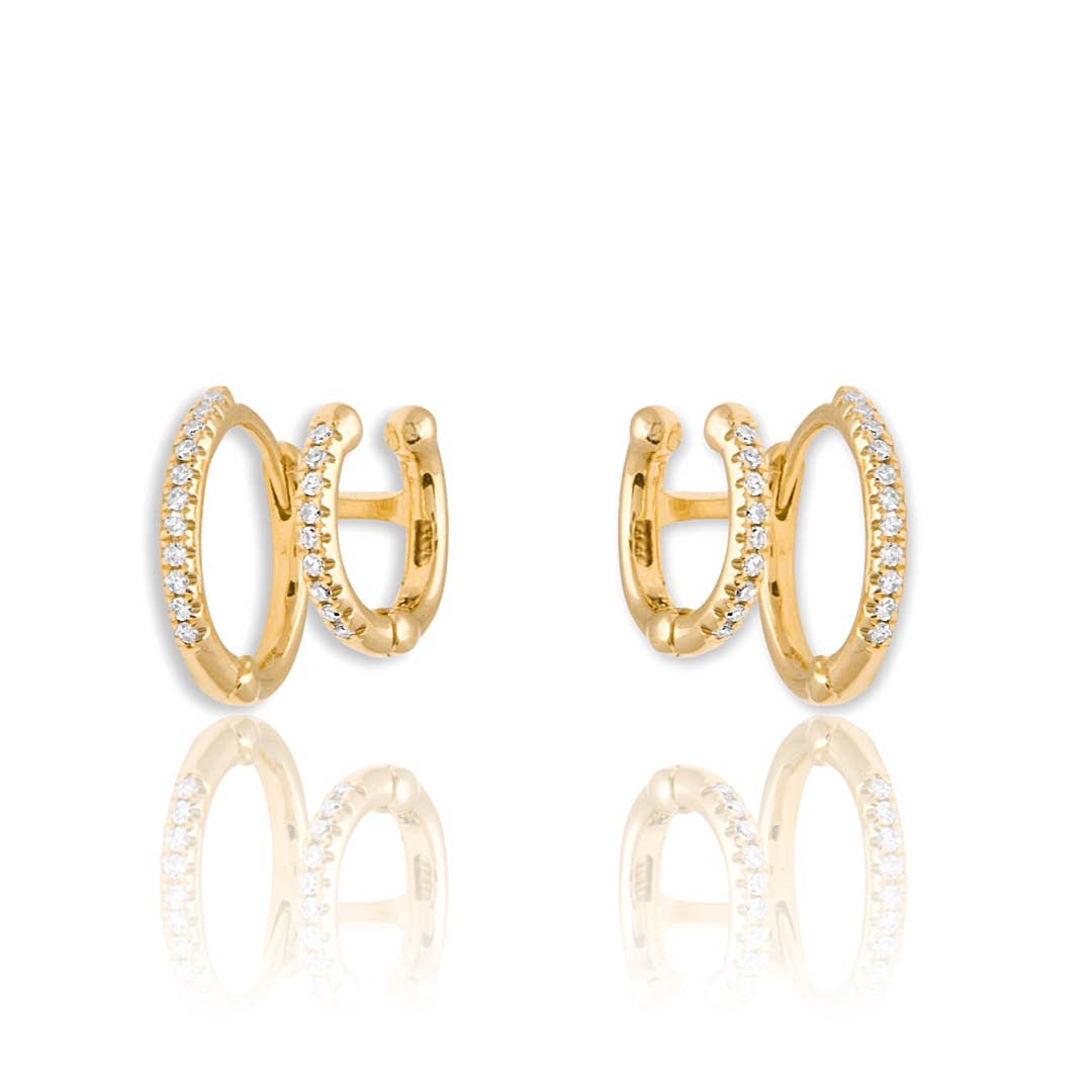 CZ Diamond Double Huggies with Ear Cuff, 14K Gold & Sterling, Abigail Fox - Abigail Fox Designs