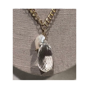 Double Strung Chain Necklace with Large Cut Crystal and Fresh Water Pearl 18 inches - Abigail Fox Designs