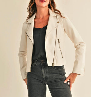 Faux Leather Biker Jacket- Bone - Abigail Fox Designs