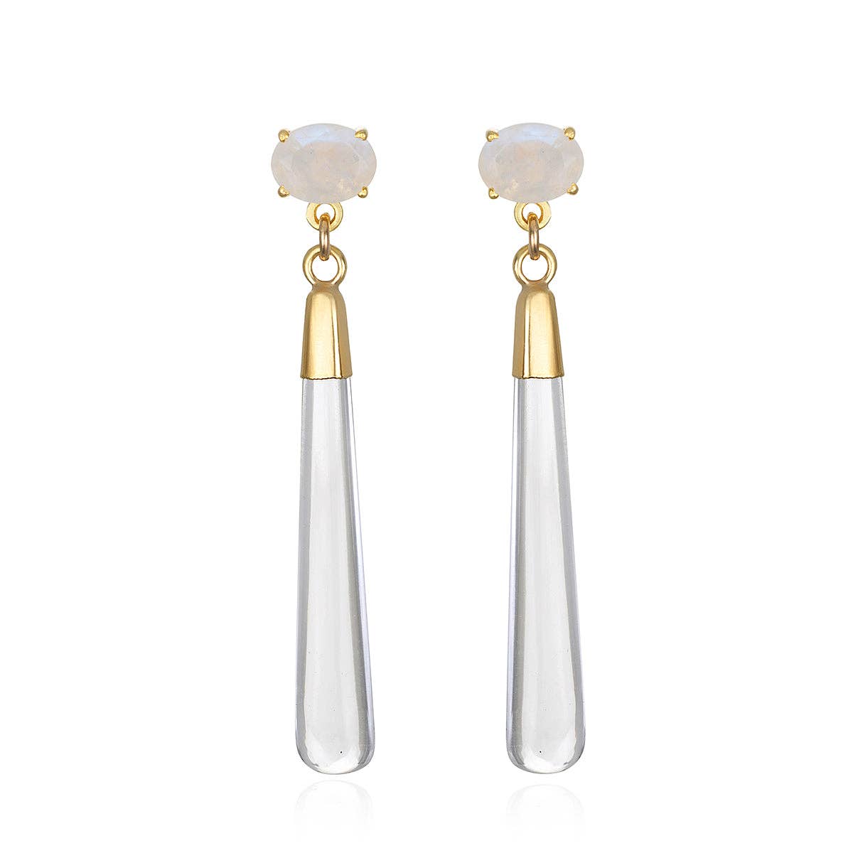 Gem Post Earring-Rainbow Moonstone & Clear Quartz - Abigail Fox Designs