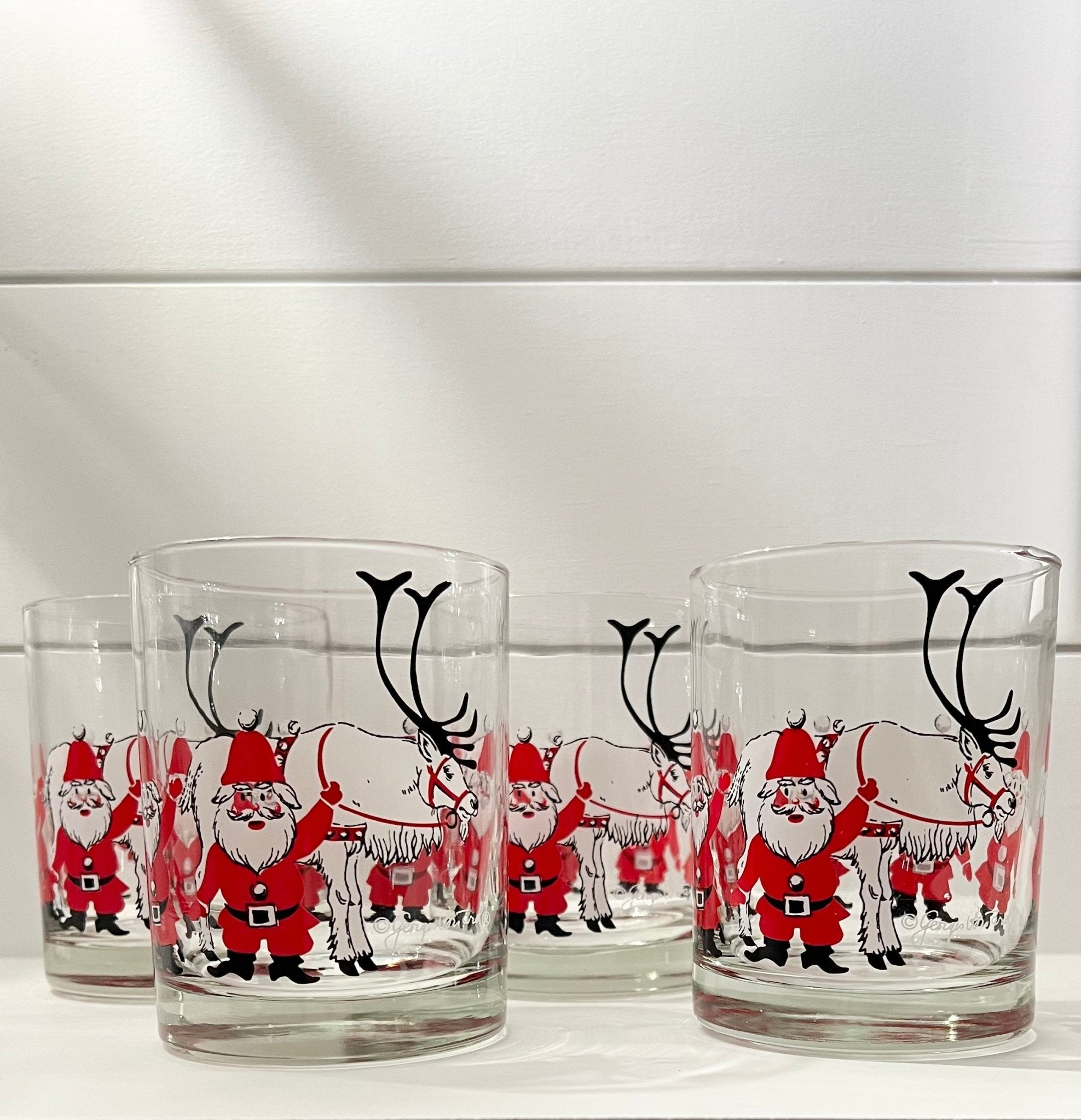 Georges Briard, Signed Vintage Mid-Century Barware, Santa and his Reindeer, Lowball glasses, Set of 2. - Abigail Fox Designs