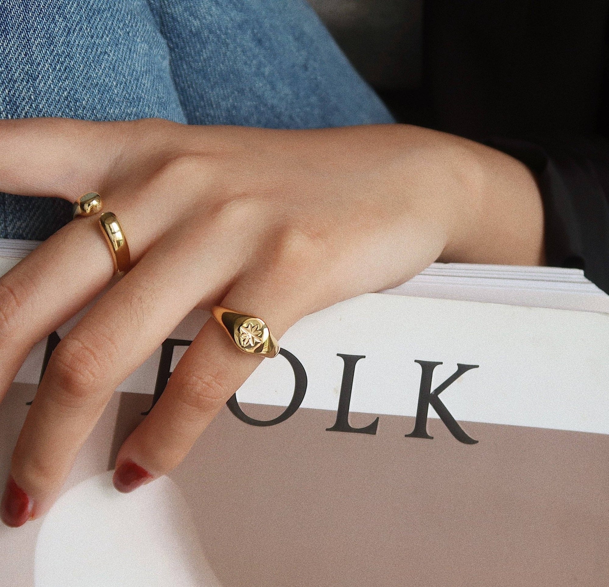 Gold starburst signet ring; 18k gold filled - Abigail Fox Designs