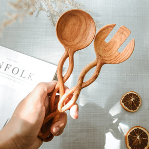 Handcarved Wooden Salad Servers Spoon Fork Set - Salad Tongs - Abigail Fox Designs