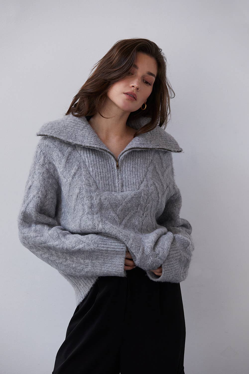 Heather Grey Zip Front Chunky Cable knit Sweater - Abigail Fox Designs