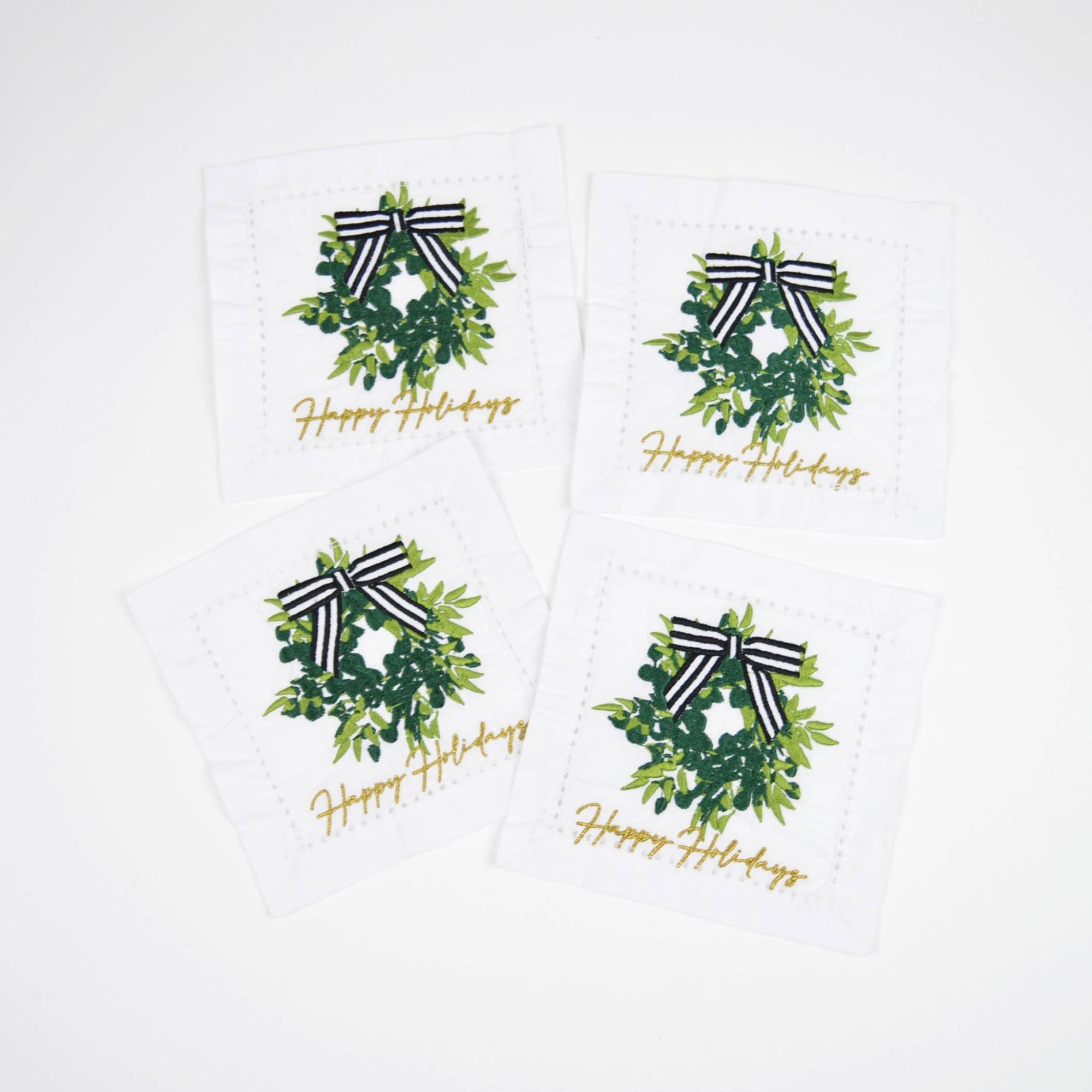 Holiday Wreath Embroidered Cocktail Napkin Set - Abigail Fox Designs