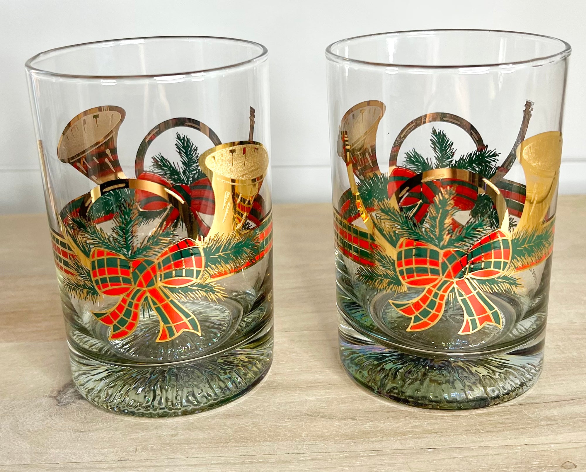 Culver [#2] Signed Vintage Mid-Century Barware, 22K Gold Holiday Yule Horn, 16 Oz Double Old Fashioned, Set of 4