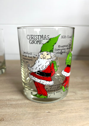 Cera, Signed Vintage Mid-Century Barware, Christmas Gnome Double Old Fashioned Glasses, Set of 4