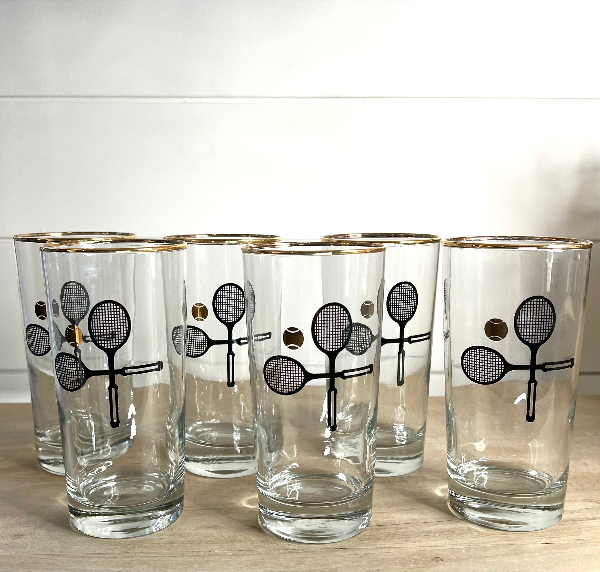 Libbey Glassware, Signed Vintage Mid-Century Barware, Tennis Gold Rim Tumbler Drinking Glasses, Set Of 2