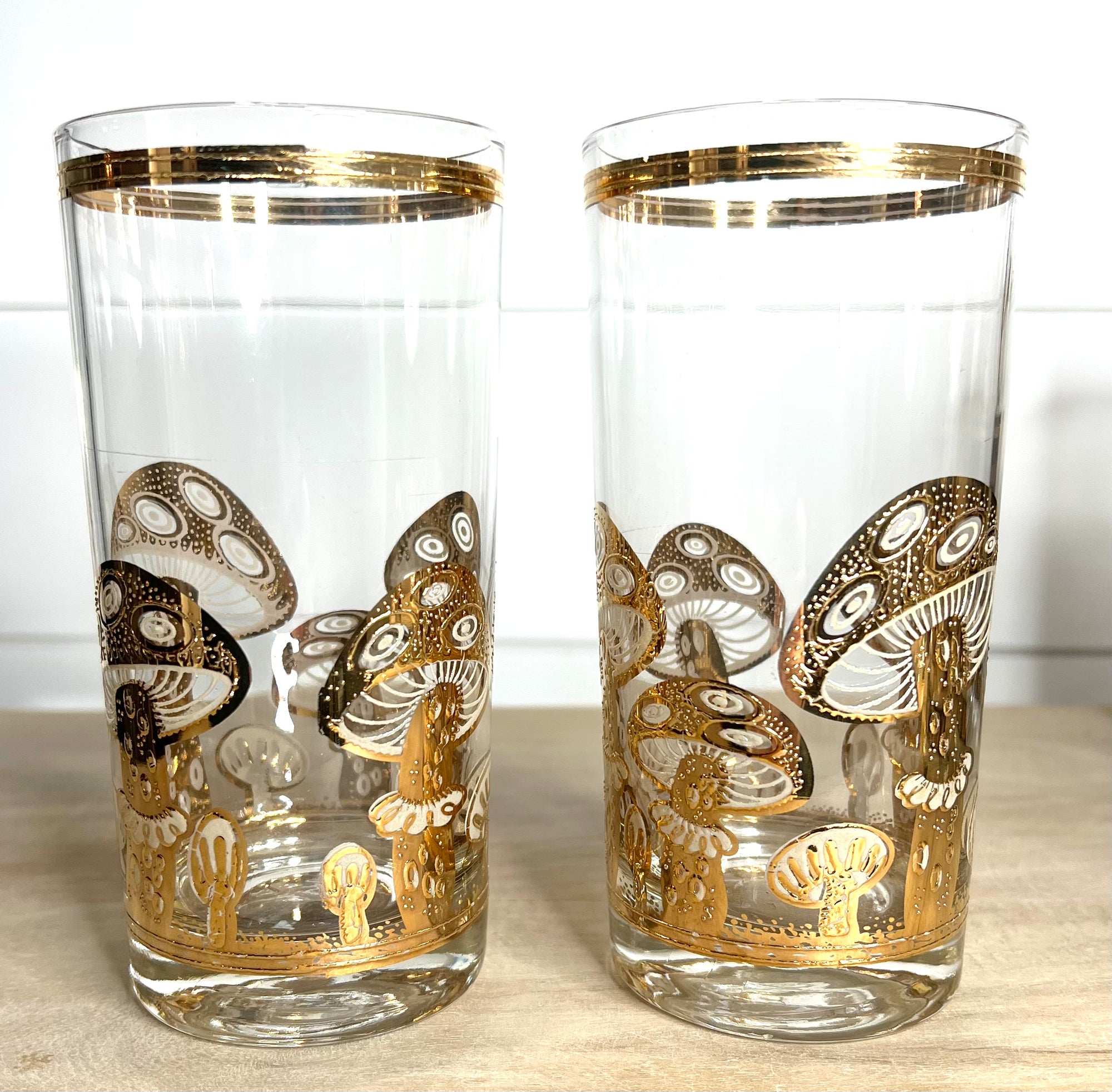 RARE Culver, Signed Vintage Mid-Century Barware, 22k Gold Magic Mushroom Highball Glasses, Set of 2.