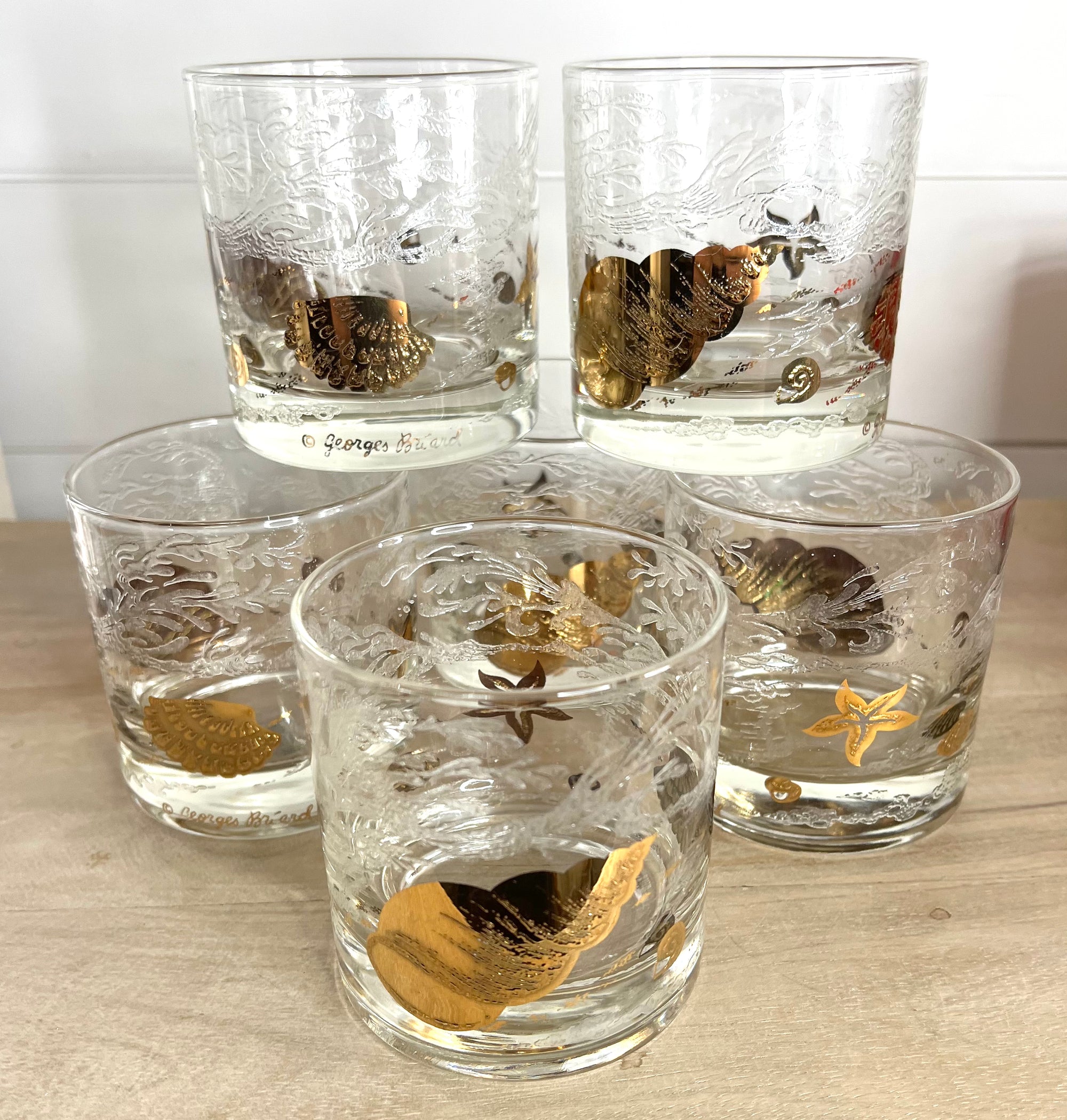 Georges Briard, Signed Vintage Mid-Century, Gold Shell Marine Theme, 12 oz Low Ball Glasses,   Set of 6