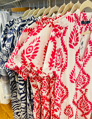 Alison Short Sleeve Dress - Batik Leaf Pink/White