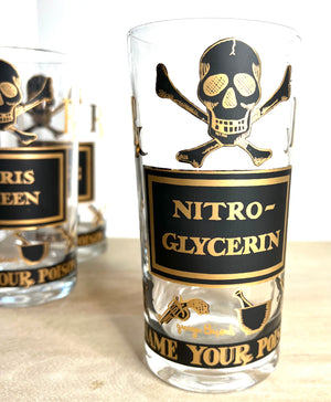 Extremely Rare, Georges Briard Signed Vintage Mid-Century Barware, "Name Your Poison" Highball glasses, Complete Set of 8