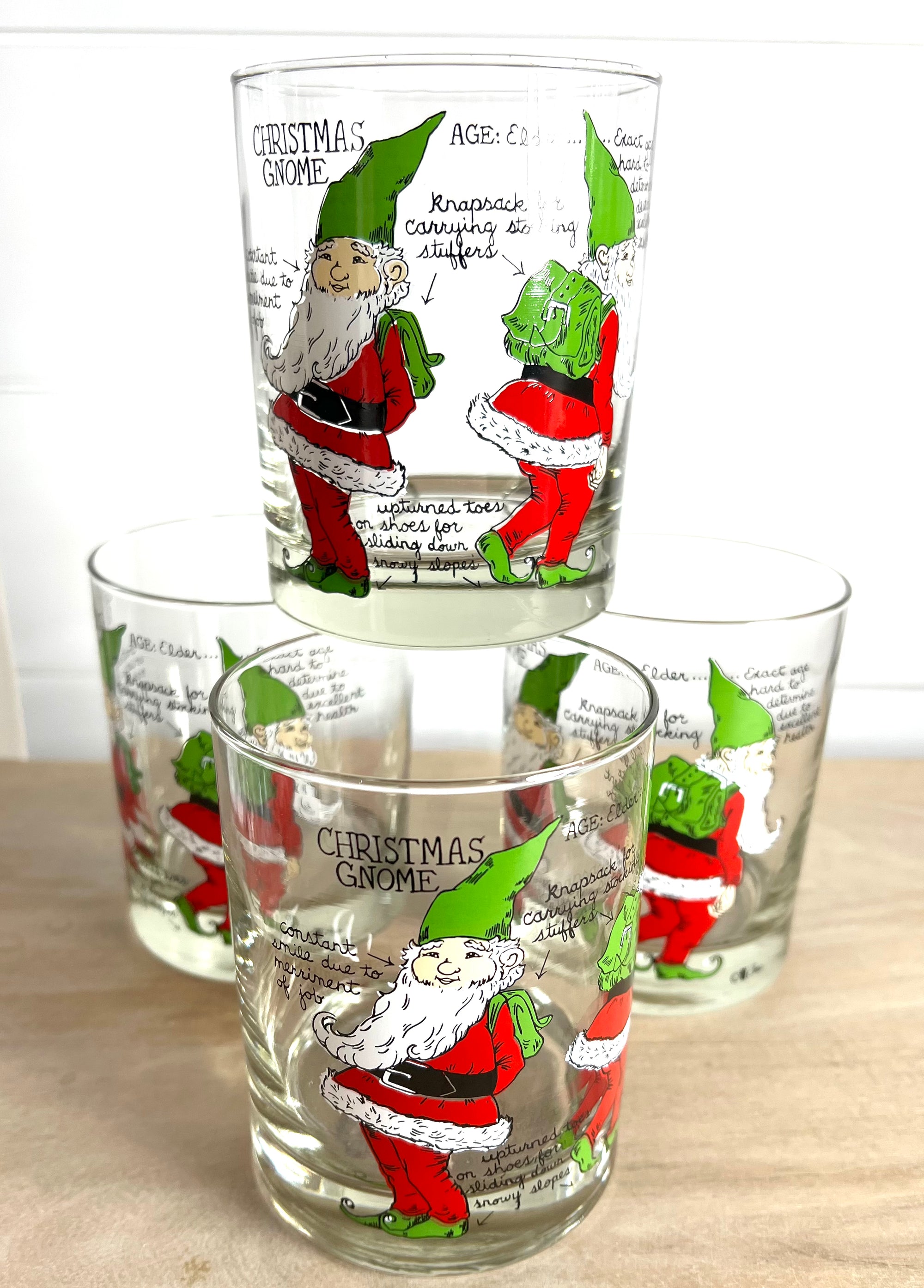 Cera, Signed Vintage Mid-Century Barware, Christmas Gnome Double Old Fashioned Glasses, Set of 4