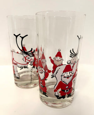 Georges Briard, Signed Vintage Mid-Century Barware, Santa and his Reindeer, High Ball glasses, Set of 2