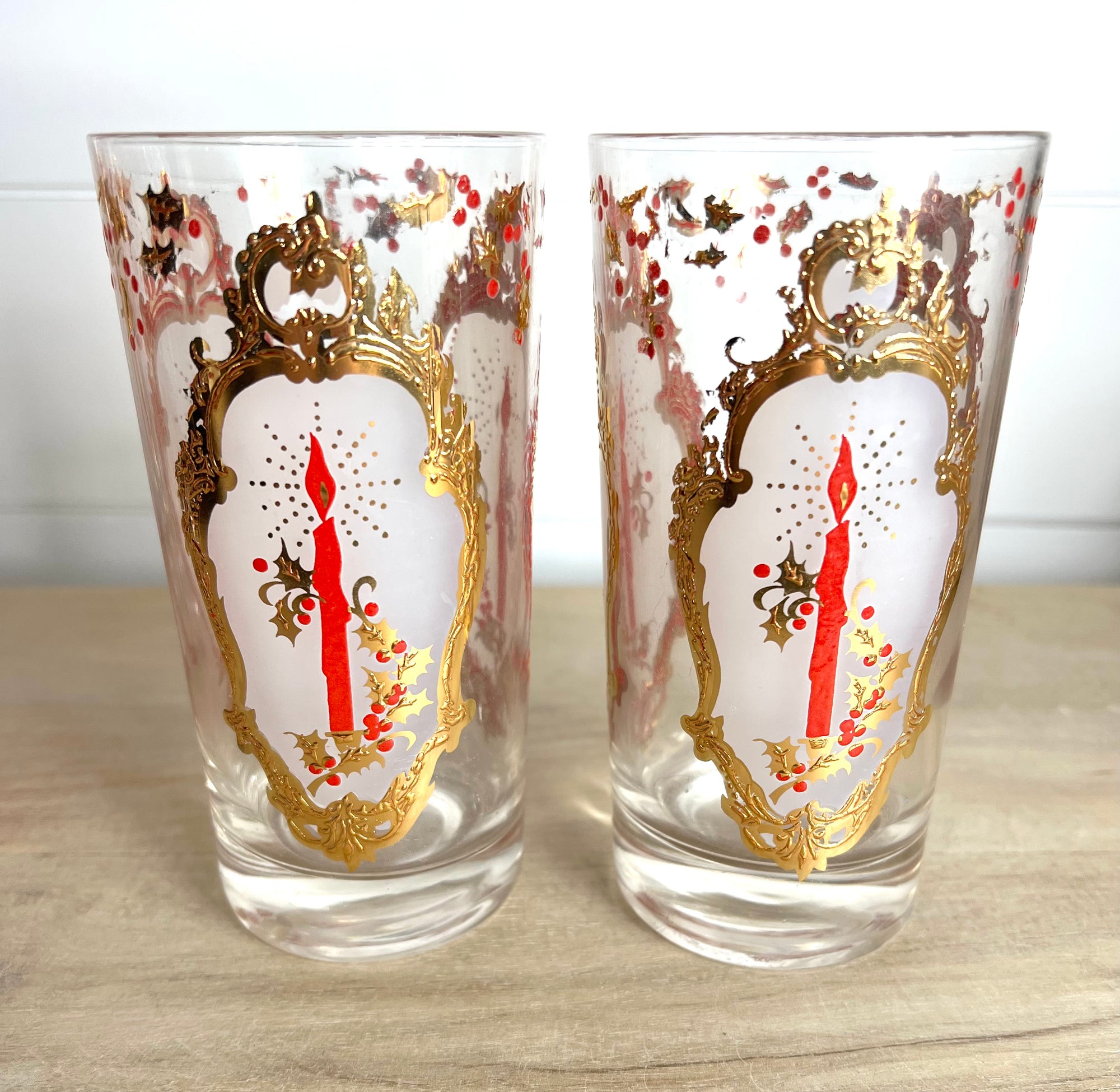Culver, Signed Vintage Mid-Century Barware, 22k Gold Christmas Holly Candle, Highball / Collins Glasses, Set of 4