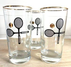 Libbey Glassware, Signed Vintage Mid-Century Barware, Tennis Gold Rim Tumbler Drinking Glasses, Set Of 2