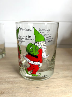 Cera, Signed Vintage Mid-Century Barware, Christmas Gnome Double Old Fashioned Glasses, Set of 4