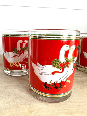 Culver, Signed Vintage Mid-Century Barware, Christmas "Holly Goose" Lowball Cocktail Glasses, Set of 4