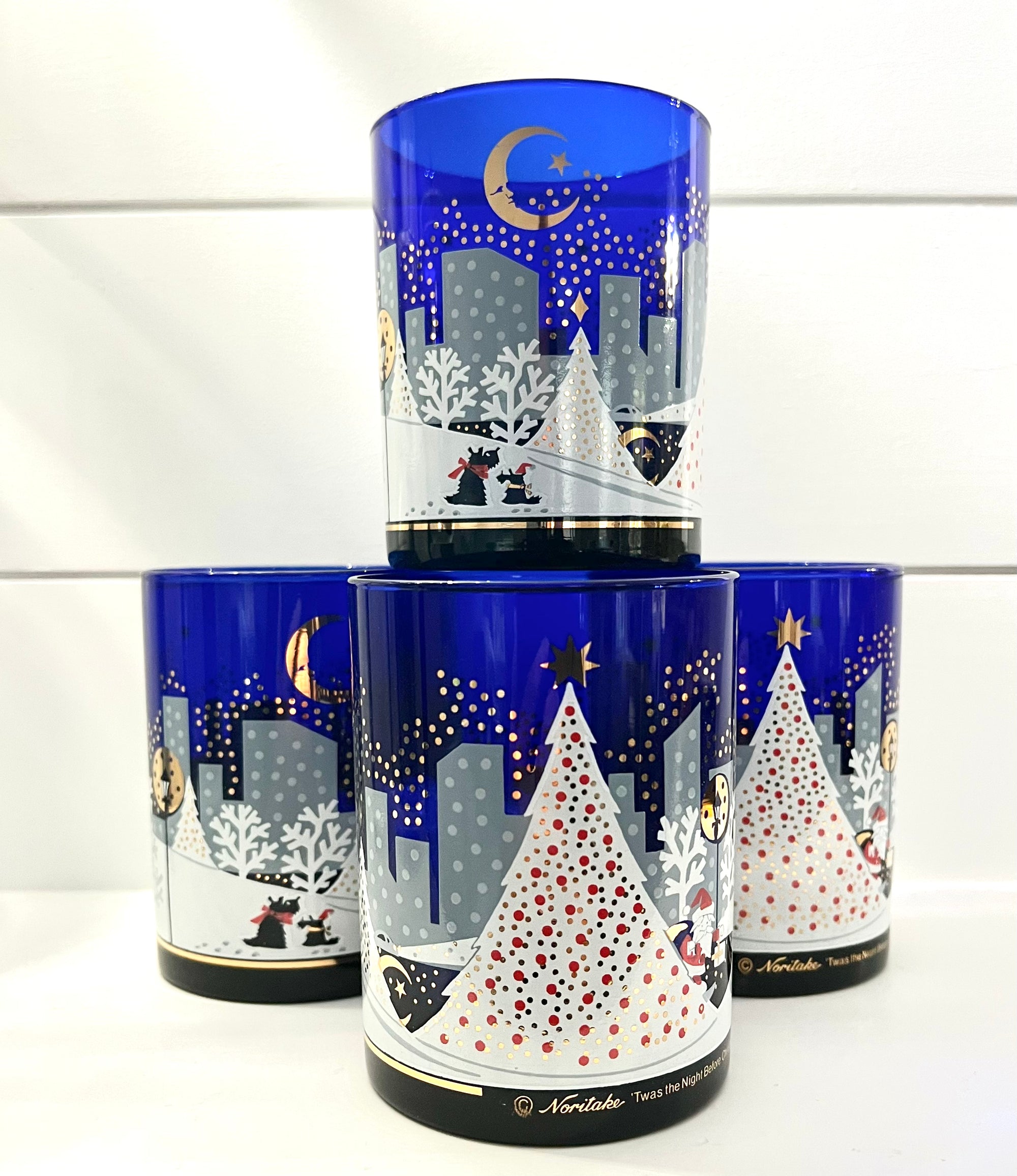 Noritake, Signed Vintage Barware, ‘Twas the Night Before Christmas Cobalt Blue, 14oz Tumbler, Set of 4