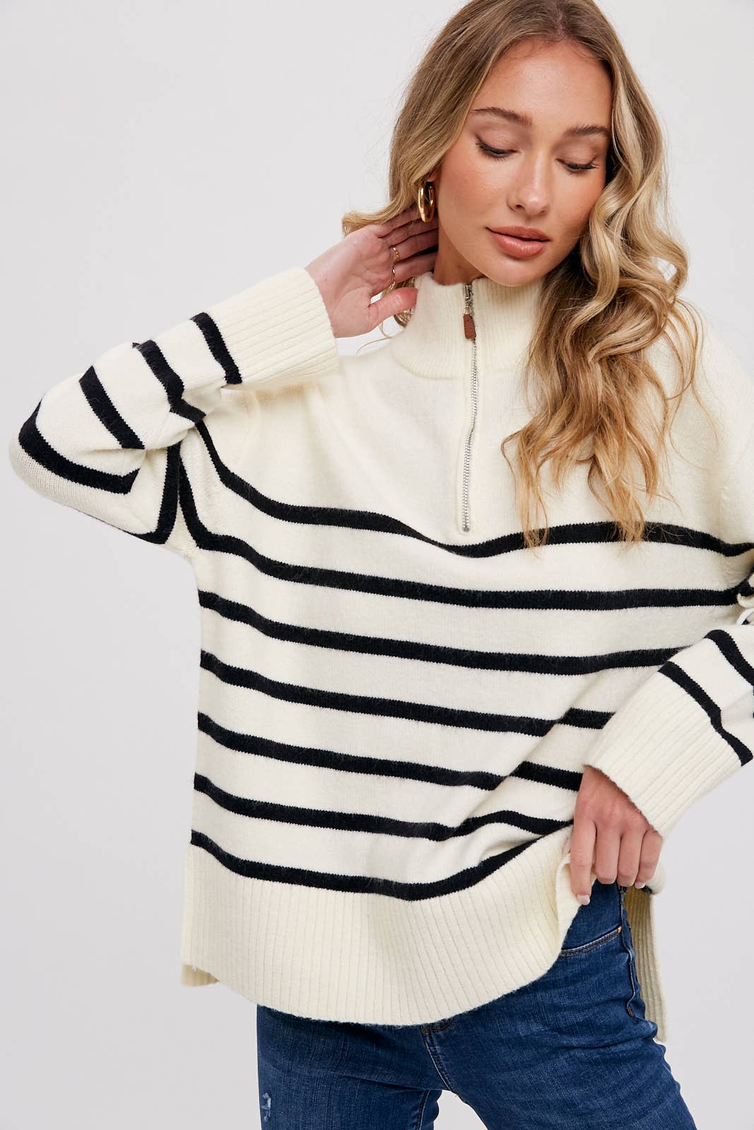 Ivory Quarter Zip Stripe Sweater - Abigail Fox Designs