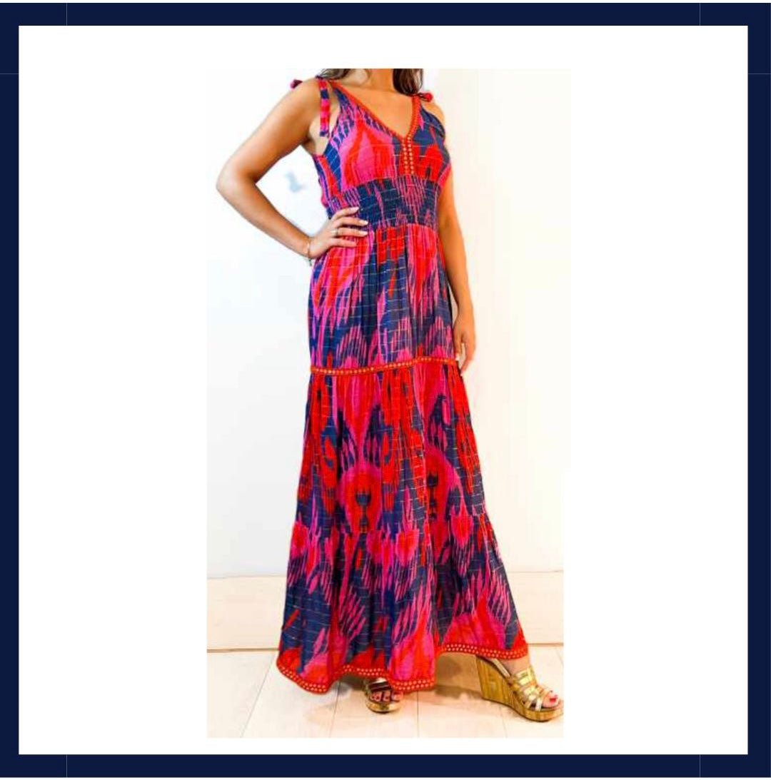 La Plage, Beauford Tie Top Maxi Dress- Ikat Navy/Red - Abigail Fox Designs